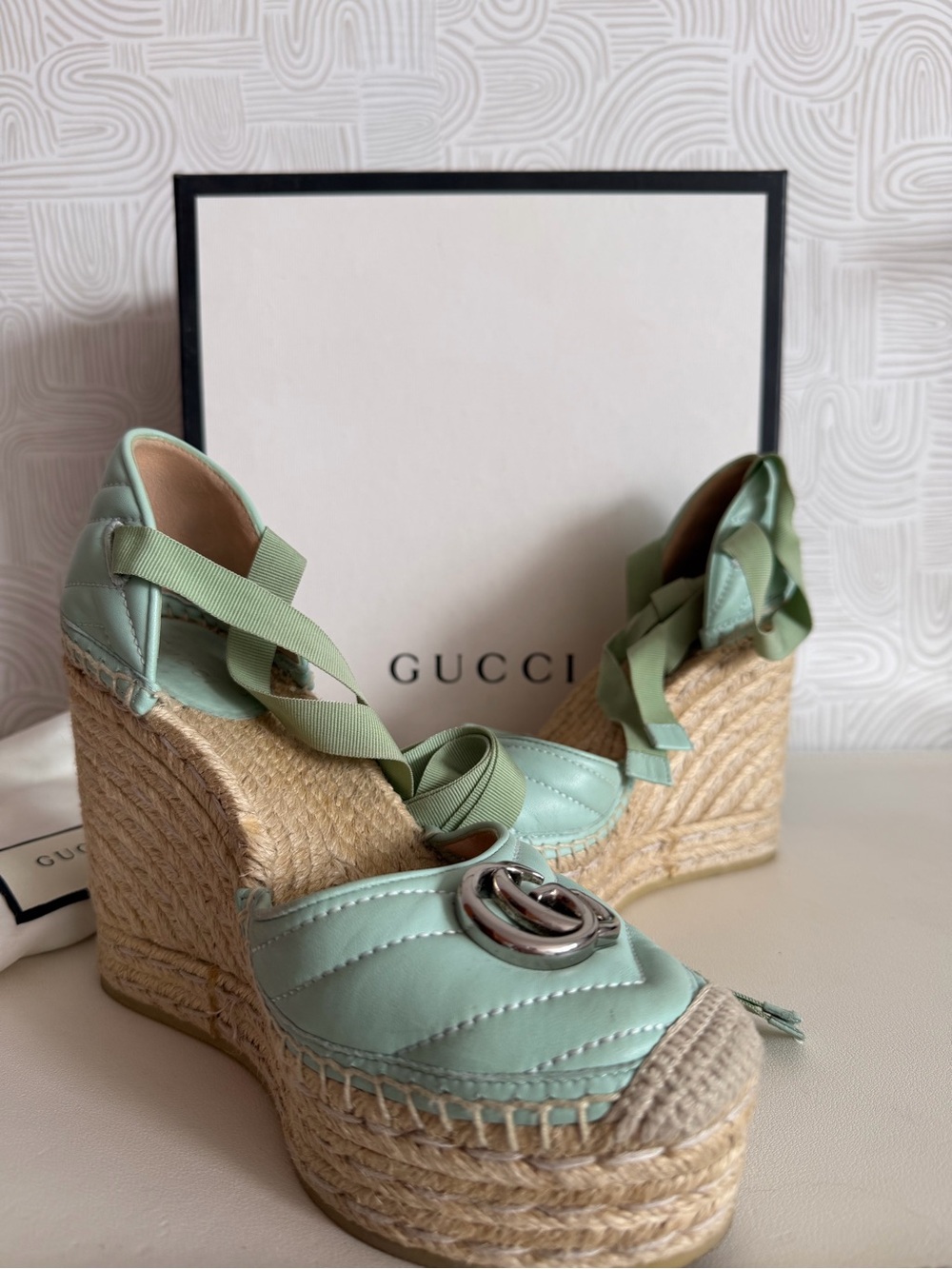 Gucci Mint Green Quilted Espadrille Wedge Sandals with Ribbon Ties